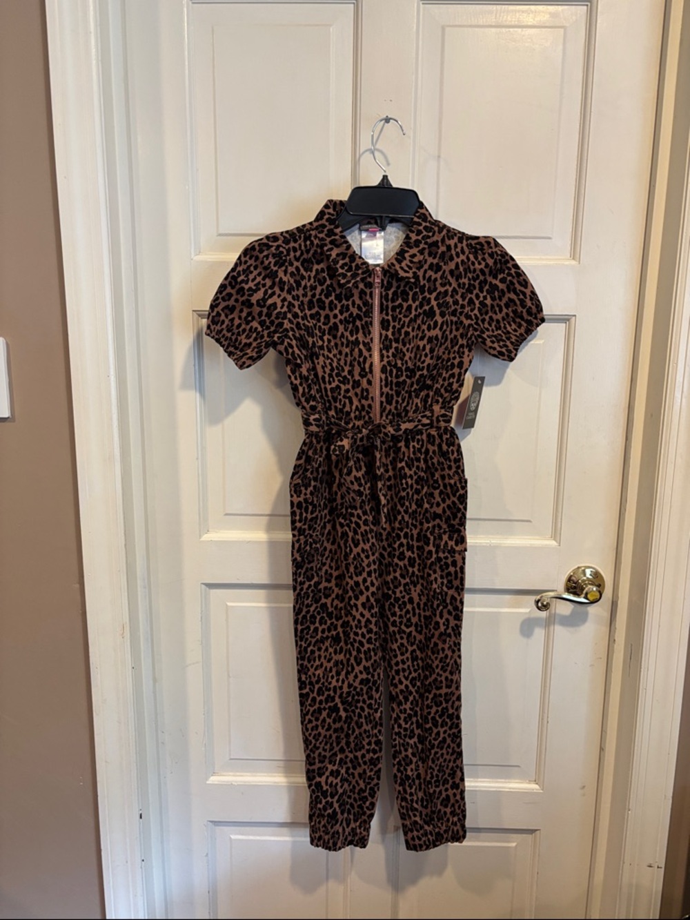 Vince Camuto Leopard Print Short-Sleeve Jumpsuit in Brown